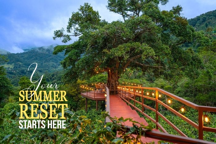 A tropical villa garden at dusk at Los Establos Boutique Resort Panama