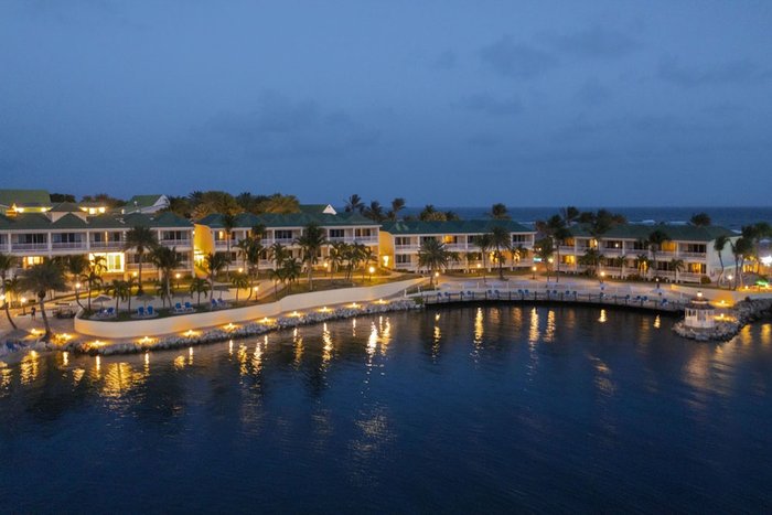 The marina at St. James's Club Antigua glowing at night