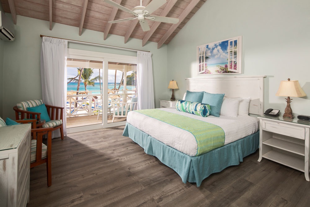 An ocean-view room with cathedral ceilings at Pineapple Beach Club Antigua