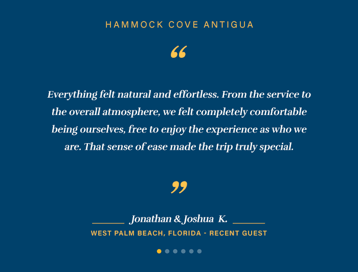 Guest testimonials from across Elite Island Resorts — Hammock Cove, Galley Bay, The Verandah, St. James's Club, Pineapple Beach Club, and The Club Barbados